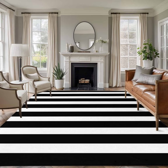 Black and White Stripe 8'x10' Large Area Rug for Living Room Sectional Sofa, Modern Minimalist Geometric Vertical Linens Washable Non Slip Low Pile Rectangle Area Rug