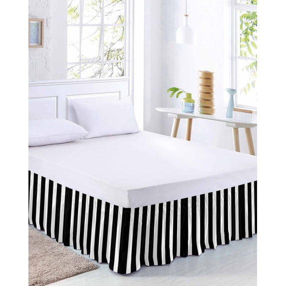 Black and White Stripe Bed Skirt Queen Size 18 Inch Drop, Modern Minimalist Geometric Vertical Linens Adjustable Elastic Dust Ruffles Bedskirt for Queen Bed Wrap Around Pleated Mattress Frame Cover
