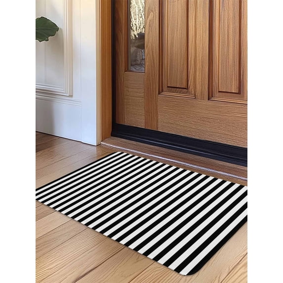 Black White Stripe Door Mat Indoor Outdoor Entrance,Non Slip Small Rug for Kitchen Bathroom Entryway Rug,Modern Minimalist Geometric Striped Washable Doormat Floor Mat for Office Home 16x24 Inch