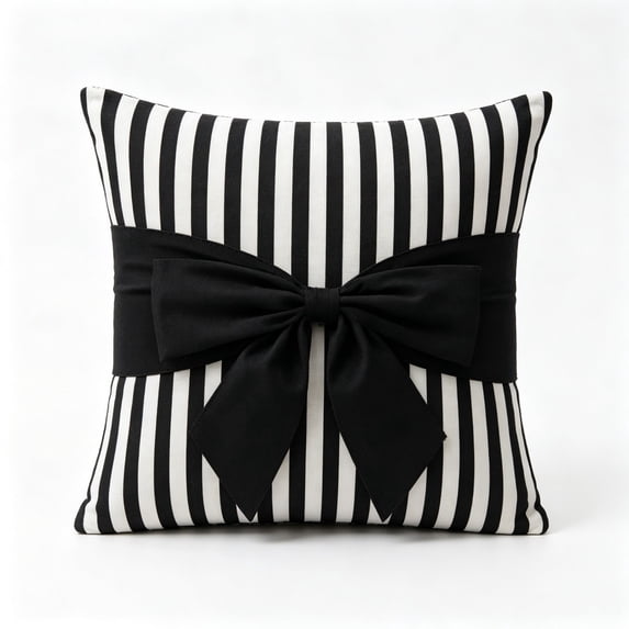 Black White Stripe Halloween Pillow Cover with Black Bow, Gothic Halloween Decorative Throw Pillow With Zipper Closure, Square Accent Cushion for Sofa Couch Home Halloween Decoration