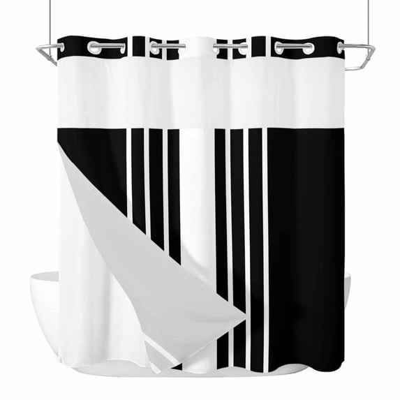 Black White Stripe No Hook Shower Curtain Waterproof, Bathroom Curtains with Snap in Liners and See Through Top Window, Modern Rustic Vertical Striped Hotel Style Bathtub Curtains Shower 72"Wx78"L