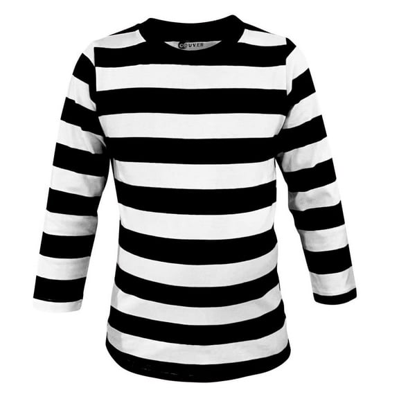 Black White Stripe Kids Long Sleeve Crew Neck Shirt, YS, 1 piece