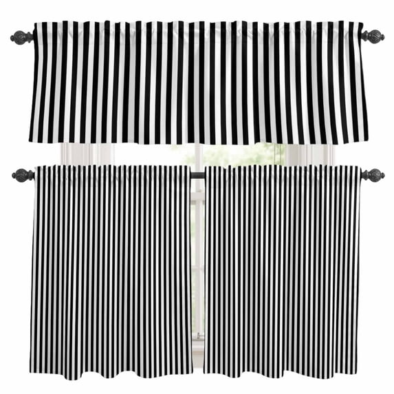 Black White Stripe Kitchen Curtains Sets for Windows 24 Inch Length, Modern Minimalist Geometric Striped Rod Pocket Window Treatments Tier Curtains and Valances Set for Bedroom/Bathroom