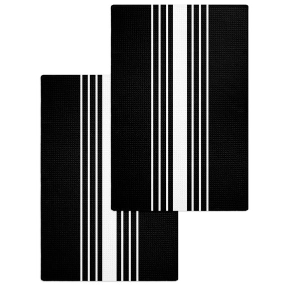 Black White Stripe Kitchen Dish Towels for Drying Dishes Set of 2, Modern Rustic Vertical Striped Waffle Weave Microfiber Hand Tea Bathroom Towels Quick Dry & Absorbent Towel 15.7x23.6