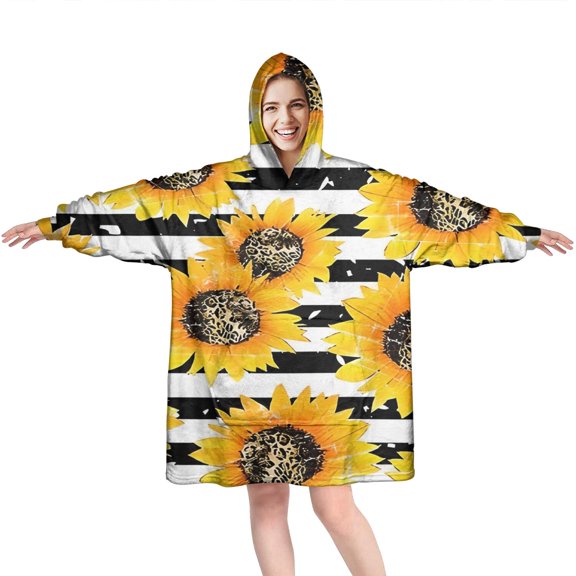 Black White Stripe Leopard Sunflower Pattern Wearable Oversized Blanket,Wearable Blanket Hoodie for Adults,Cozy Hooded Blankets with Super Pockets,Super Warm Fuzzy Pullover for Women & Men
