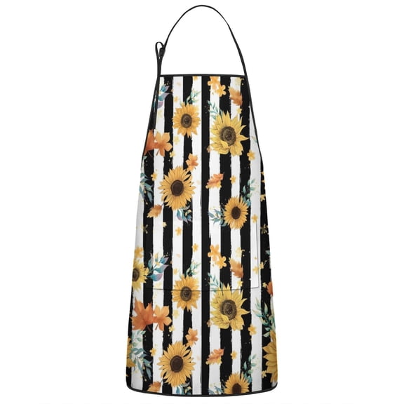 Black White Stripe Orange Leaf Sunflower Apron-Garden Aprons for Women with Pockets-Cotton Linen Waterproof Kitchen Cooking Gardening Aprons Adjustable for Kitchen,Cooking,BBQ and Salon 33x27 Inch