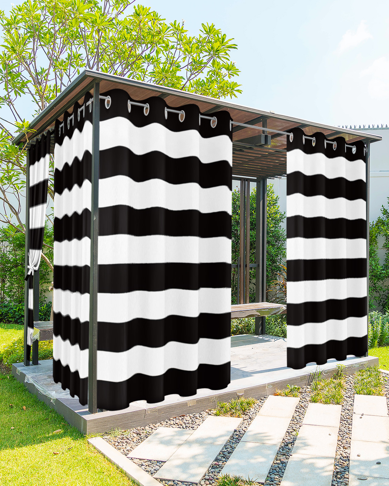 Black White Stripe, Outdoor Curtains for Patio, Minimalistic Abstract Geometric Privacy Drapes Grommet Waterproof Outside Curtains for Porch/Cabana/Balcony 54"x 108", 2 Panel