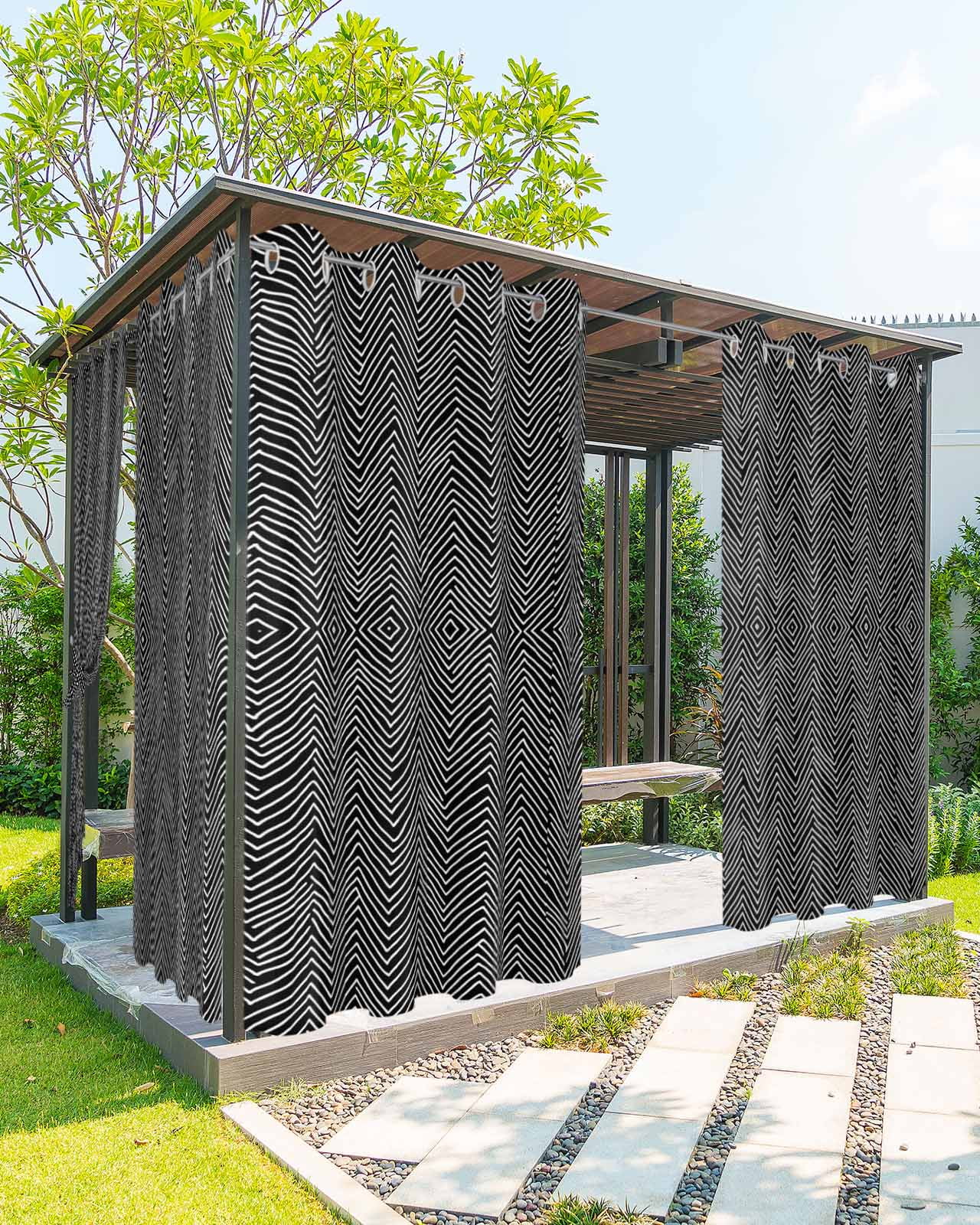 Black White Stripe Outdoor Curtains for Patio, Modern Abstract Art Moire Striped Privacy Drapes Grommet Waterproof Outside Curtains for Porch/Cabana/Balcony 54"x 108", 1 Panel