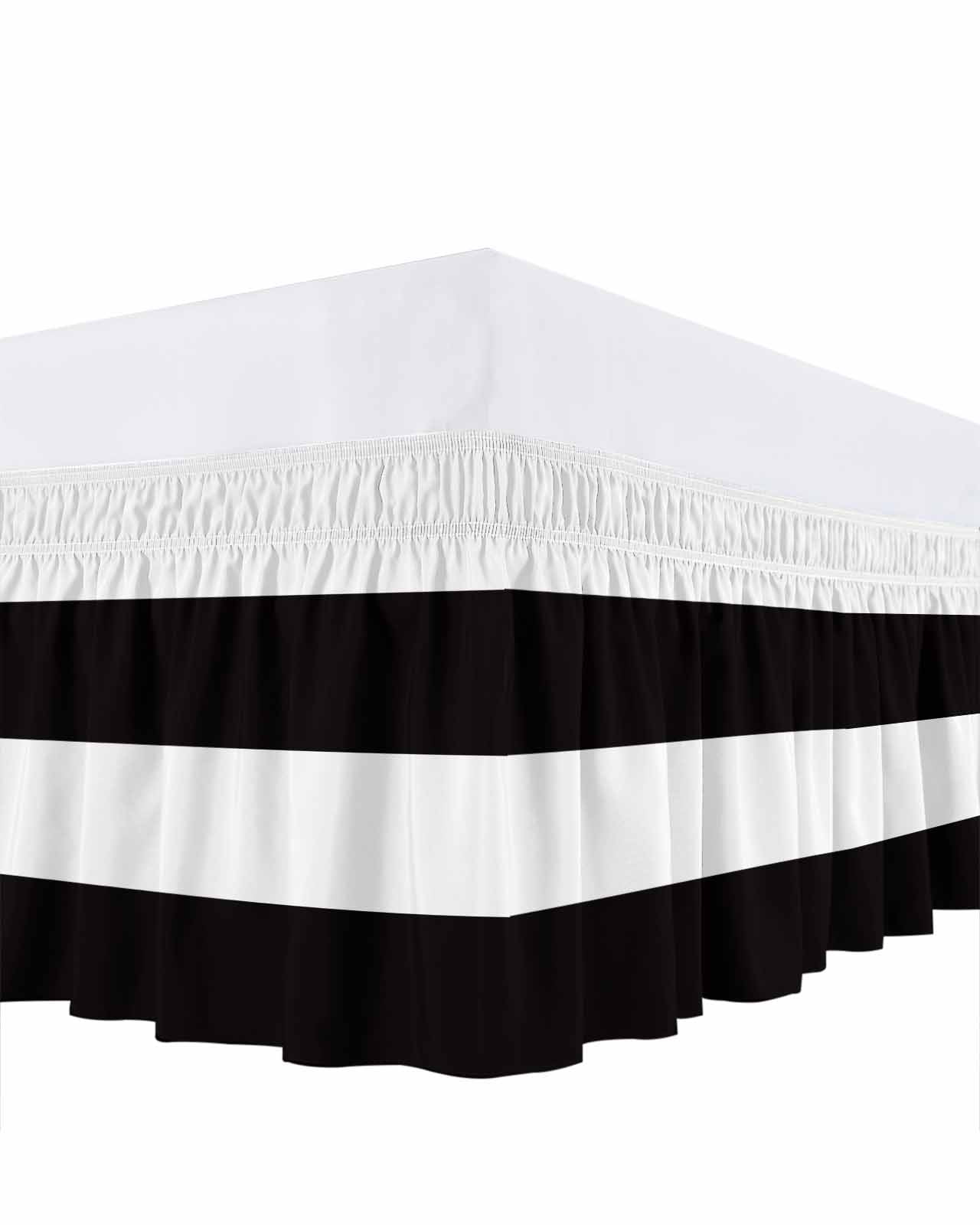 Black and White Stripe Pattern Bed Skirt Queen Size 16" Drop Simple Style Ruffled Wrap Around Bed Skirts Adjustable Elastic Bedskirt Dust Ruffle for Queen Size Bed