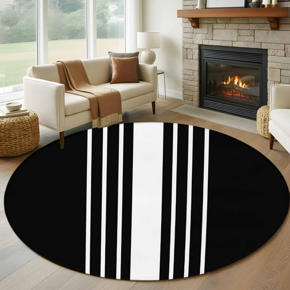 Black White Stripe Round Area Rug 6 FT, Non Slip Bedroom Area Rug, Modern Rustic Vertical Striped Washable Soft Circular Carpet Non-Shedding Floor Mat for Kitchen Dining Room Home Office Kids Room