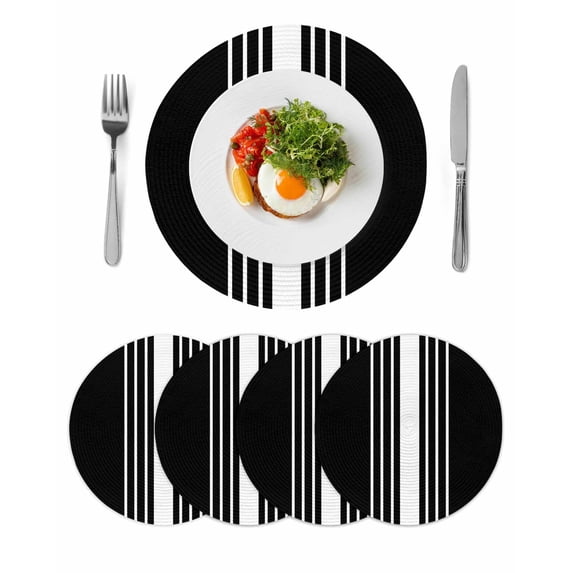 Black White Stripe Round Placemats Set of 4 for Dinning Tables,Heat-proof Braided Table Mats 13 Inch,Modern Rustic Vertical Striped Washable Place Mat for Kitchen Restaurant Party Decor Table Setting