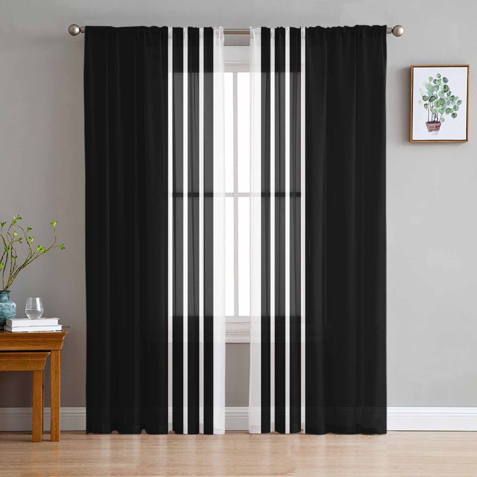 Black White Stripe Semi Sheer Curtains 84 Inch Length 2 Panels Set