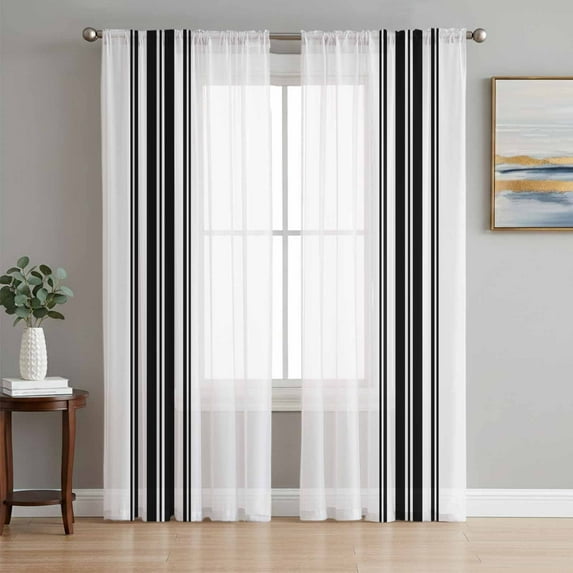 Black White Stripe, Semi Sheer Window Curtains 108 Inches Long, Abstract Geometric Rod Pocket Voile Silky Chiffon Curtain Light Filtering Drapes for Living Room, Kitchen, Bedroom, 52"x108", 2 Panels