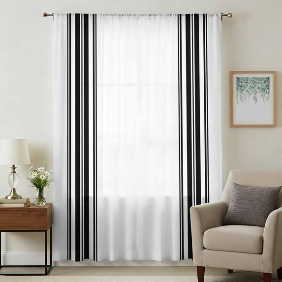Black White Stripe, Sheer Curtains 54 Inches Long, Abstract Geometric Light Filering Curtains, Breathable Simi Curtain Privacy Drapes for Kitchen Bathroom Nursery Lightweight Small Window Treatment