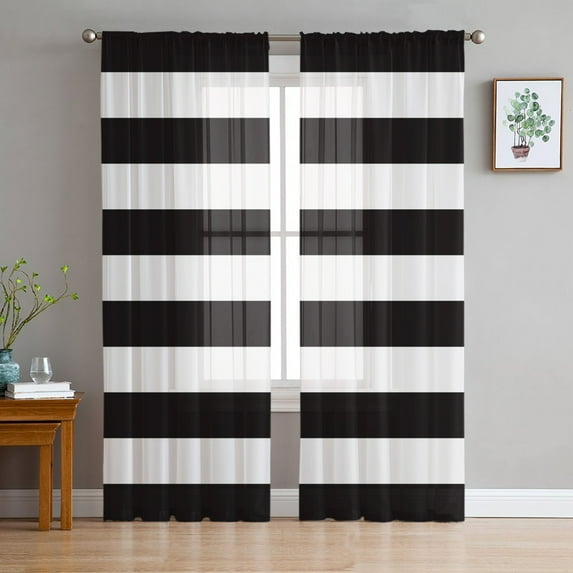 Black White Stripe, Sheer Curtains 72 Inches Long 2 Panels Set, Window Sheer Curtains for Living Room/Bedroom, Minimalistic Abstract Geometric Light Filtering Rod Pocket Curtain 52'' x 72'' x 2
