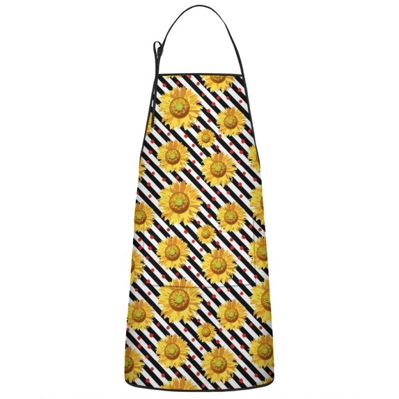Black White Stripe Sunflower Pattern Apron-Garden Aprons for Women with Pockets-Cotton Linen Waterproof Kitchen Cooking Gardening Aprons Adjustable for Kitchen,Cooking,BBQ and Salon 33x27 Inch