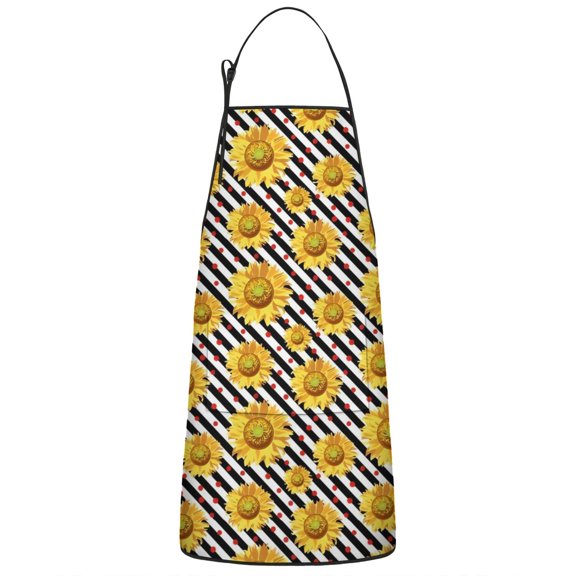 Black White Stripe Sunflower Pattern Apron-Garden Aprons for Women with Pockets-Cotton Linen Waterproof Kitchen Cooking Gardening Aprons Adjustable for Kitchen,Cooking,BBQ and Salon 33x27 Inch