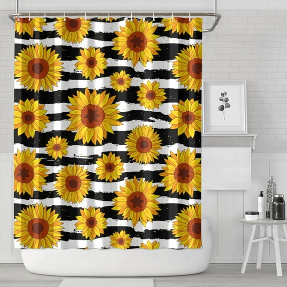 Black White Stripe Sunflower Pattern Shower Curtain 72"x84" ,Bathroom Decorative Shower Curtains Set with 12 Hooks,Modern Waterproof Washable Shower Curtain