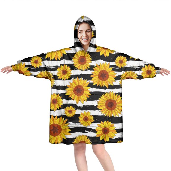 Black White Stripe Sunflower Pattern Wearable Oversized Blanket,Wearable Blanket Hoodie for Adults,Cozy Hooded Blankets with Super Pockets,Super Warm Fuzzy Pullover for Women & Men