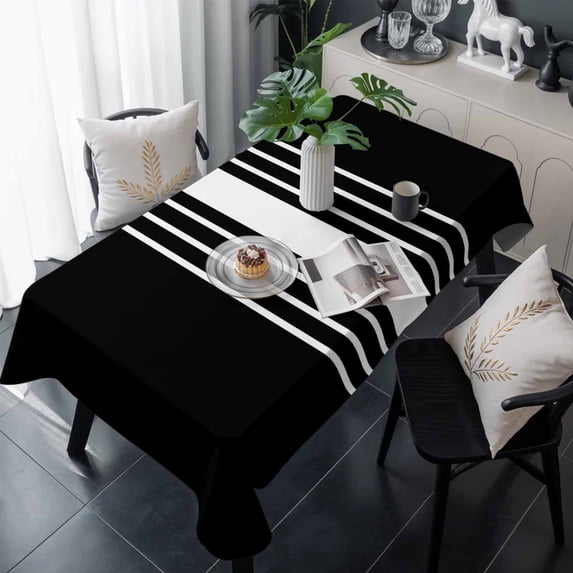 Black White Stripe Table Cloth Waterproof Tablecloths, Modern Rustic Vertical Striped Tablecloth Dining Table Cover for Kitchen Party Tabletop Outdoor, Rectangle Tablecloth 60x120 Inch