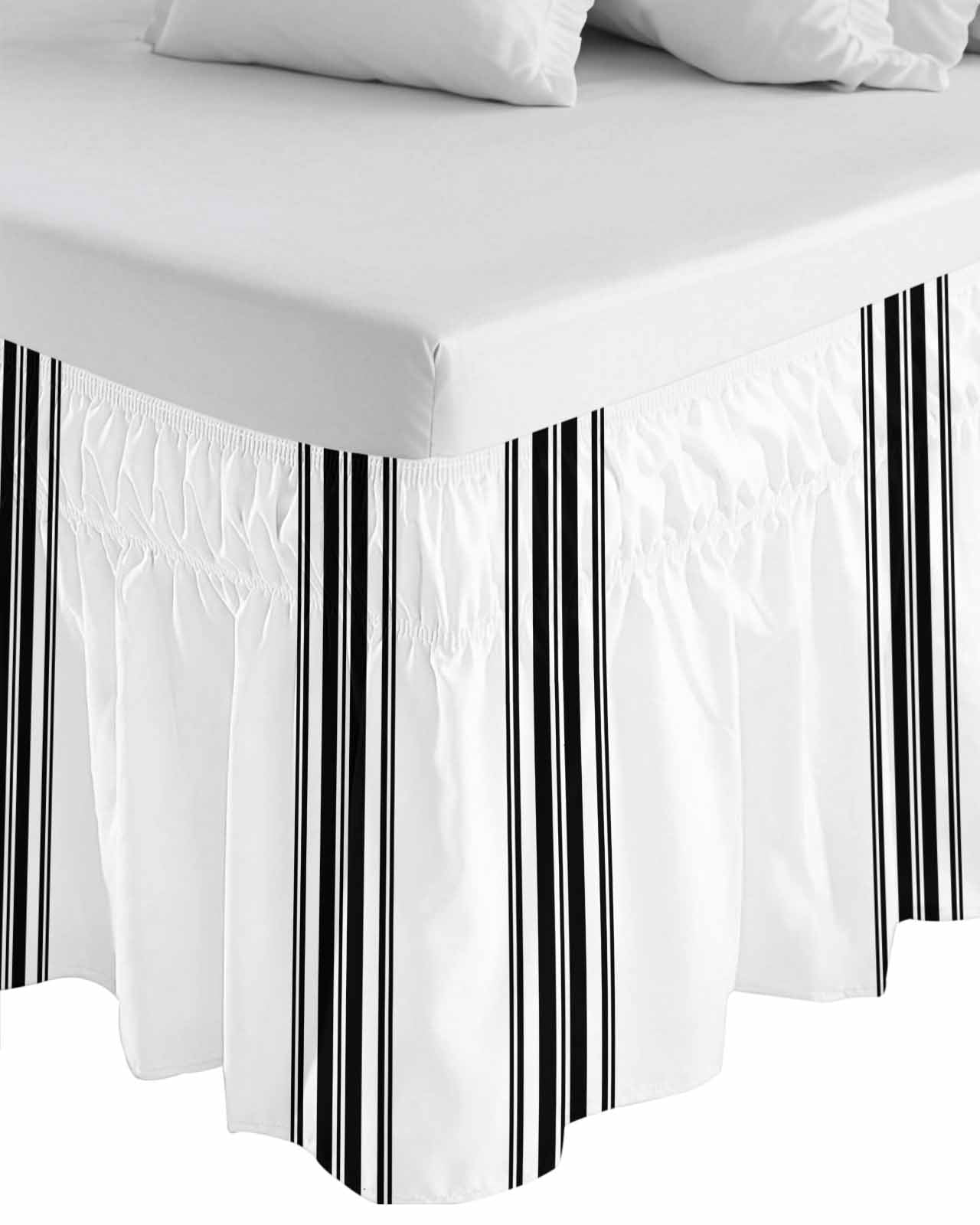 Black White Stripe, Wrap Around Bed Skirts for Queen Bed 18" Drop, Bed Skirt with Adjustable Elastic Belt Dust Ruffle Bed Valance for Bedroom Hotel Luxury Abstract Geometric Bed Frame Cover
