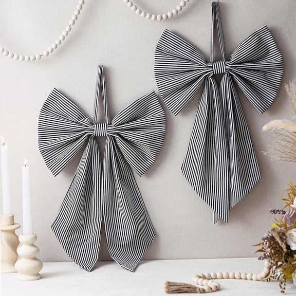 Black White Stripe Wreath Bows, Burlap Christmas Bow for Front Door, 19.6x11.8 Inch, Pack of 2