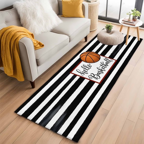 Black White Striped 2'x6' Runner Rugs for Hallway Kitchen Bedside Non Slip Washable, Basketball Stripes Farmhouse Art Entryway Rug Runners with Rubber Backing, Long Carpet Runner for Laundry Room