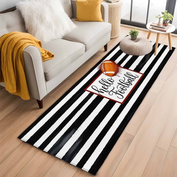 Black White Striped 2'x6' Runner Rugs for Hallway Kitchen Bedside Non Slip Washable, Football Stripes Farmhouse Art Entryway Rug Runners with Rubber Backing, Long Carpet Runner for Laundry Room