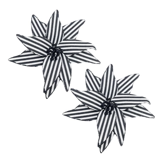 Black and White Striped Artificial Poinsettia Flowers, 2 Pack 9.05 Inch Faux Christmas Poinsettias with Stems, Unique Holiday Floral Ornaments for Christmas Tree, Wreath & Home Decor