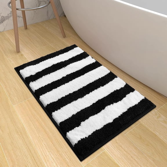 Black and White Striped Bath Mat, Plush Water Absorbent Bathroom Rugs Non-Slip Machine Washable Quick Dry Bathroom Mat Indoor Doormat Luxury Shaggy Bath Rug for Shower Bathtub Sink, 18"x25"