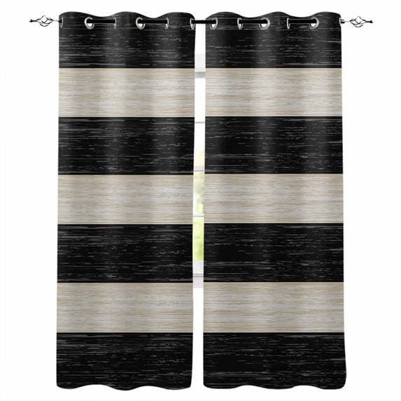 Black White Striped Blackout Curtains for Bedroom, Farmhouse Vintage Shabby Chic Wood Grain Thermal Insulated Kitchen Drapes with Grommets, Light Blocking Window Treatment, 2 Panels 42" x 54"