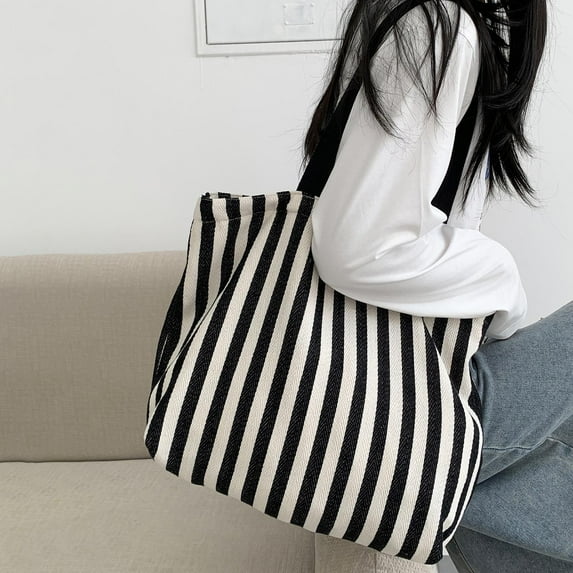 Black & White Striped Canvas Tote Bag, Reusable Grocery Bag Eco Friendly with Wide Straps for Women Shopping Beach Work,Size Free Size