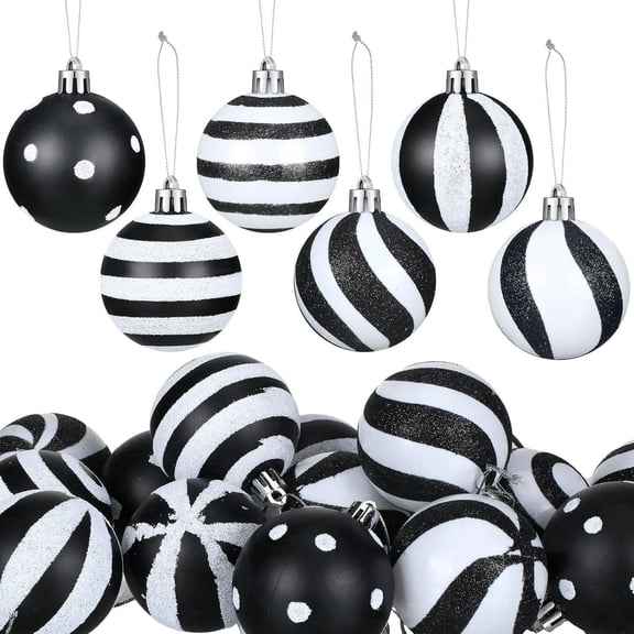 Black and White Striped Christmas Ball Ornaments, Glitter Xmas Hanging Balls, Modern Pattern Baubles for Christmas Tree Holiday Party Home Decor Supplies,24 Pcs