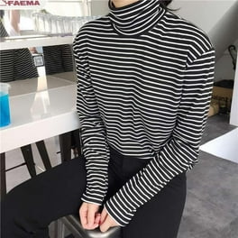 Black White Striped Turtleneck Female T Shirt Summer Fashion Elegant Women Long Sleeve T Shirt Loose Casual Tees Black L Walmart