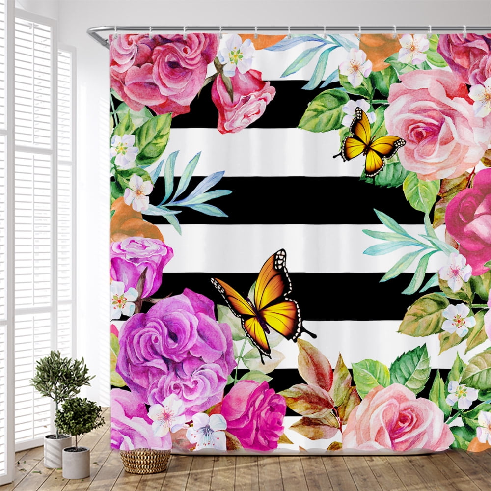 Black White Striped Floral Shower Curtains Set Natural Pink Flowers