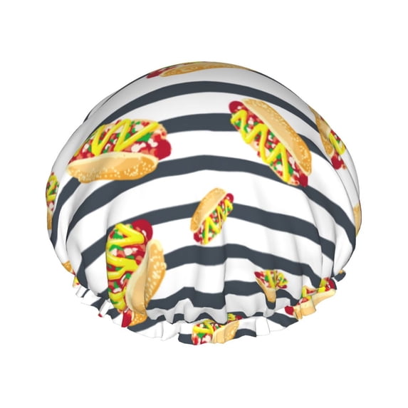 Black White Striped Hot Dog Print Shower Cap, Reusable Bath Hair Hat for all Hair Lengths Hair Cover with Elastic Band Double Waterproof Layers Bathing Hat