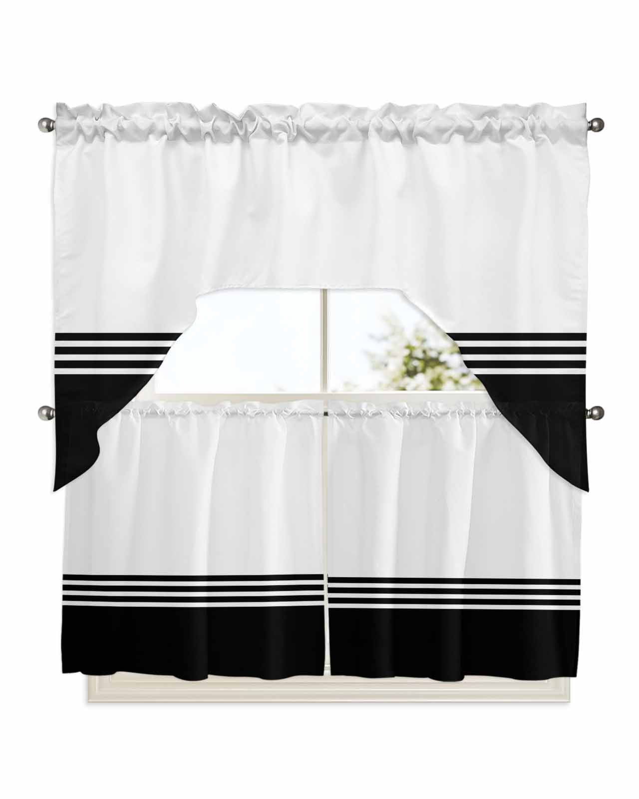 Black White Striped Kitchen Curtain and Valance Set 3 Pieces,Rod Pocket ...