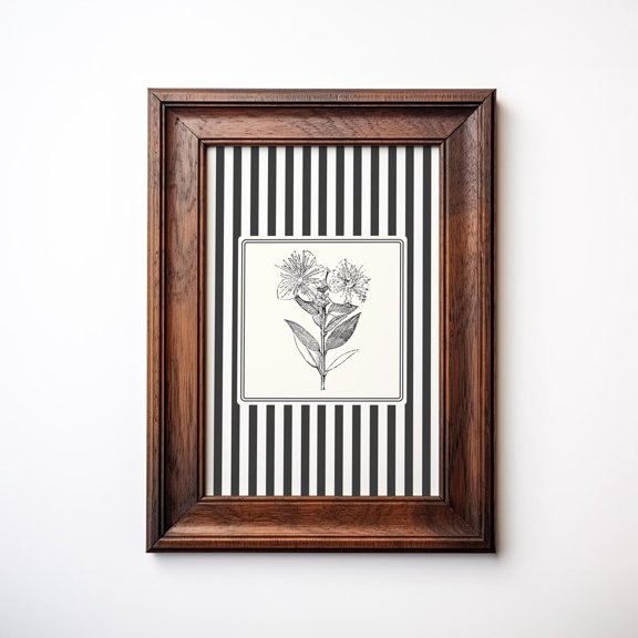 Black White Striped Oleander Illustration Vintage English Cottage Minimalist Botanical Grandmillennial Wall Art