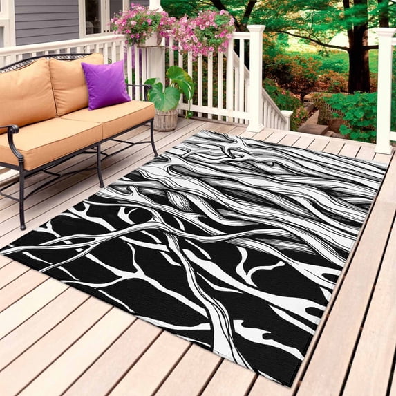 Black White Striped Outdoor Rug 4x6 Ft, Non Slip Washable Area Rug, Farmhouse Stripes Modern Abstract Art Patio Rugs Carpet Runner, Large Floor Mat for Indoor/Outdoor Deck Porch Camping
