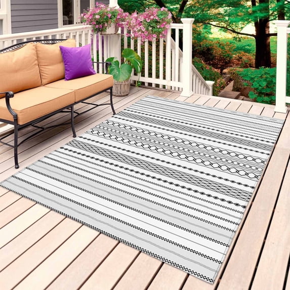 Black White Striped Outdoor Rug for Patio/Deck/Porch, Non-Slip Large Area Rug 6 x 9 Ft, Modern Farmhouse Geometric Indoor Outdoor Rugs Washable Area Rugs, Reversible Camping Rug Carpet Runner