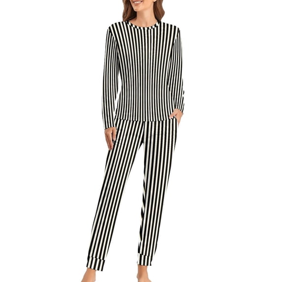 Black White Striped Pajamas Lady Vertical Lines Print Fashion Home Suit Autumn 2 Pieces Casual Oversized Pajama Sets