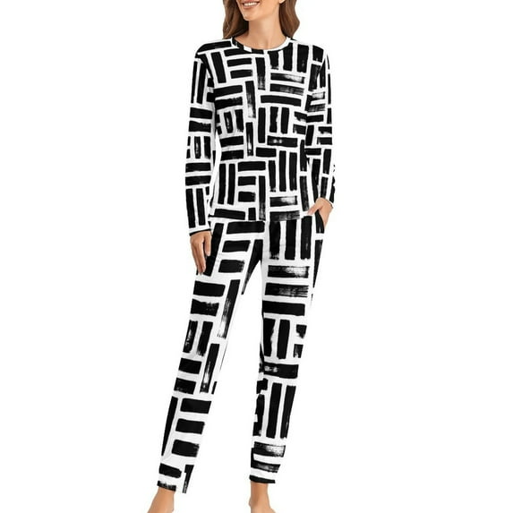 Black White Striped Pajamas Lady Vertical Lines Print Fashion Home Suit Autumn 2 Pieces Casual Oversized Pajama Sets
