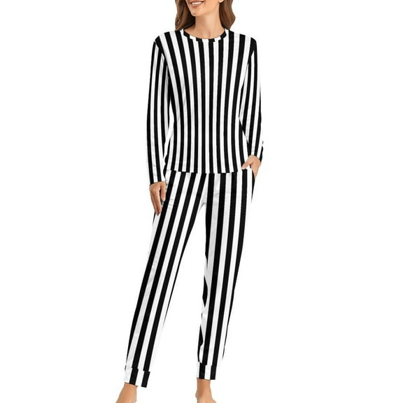 Black White Striped Pajamas Lady Vertical Lines Print Fashion Home Suit Autumn 2 Pieces Casual Oversized Pajama Sets
