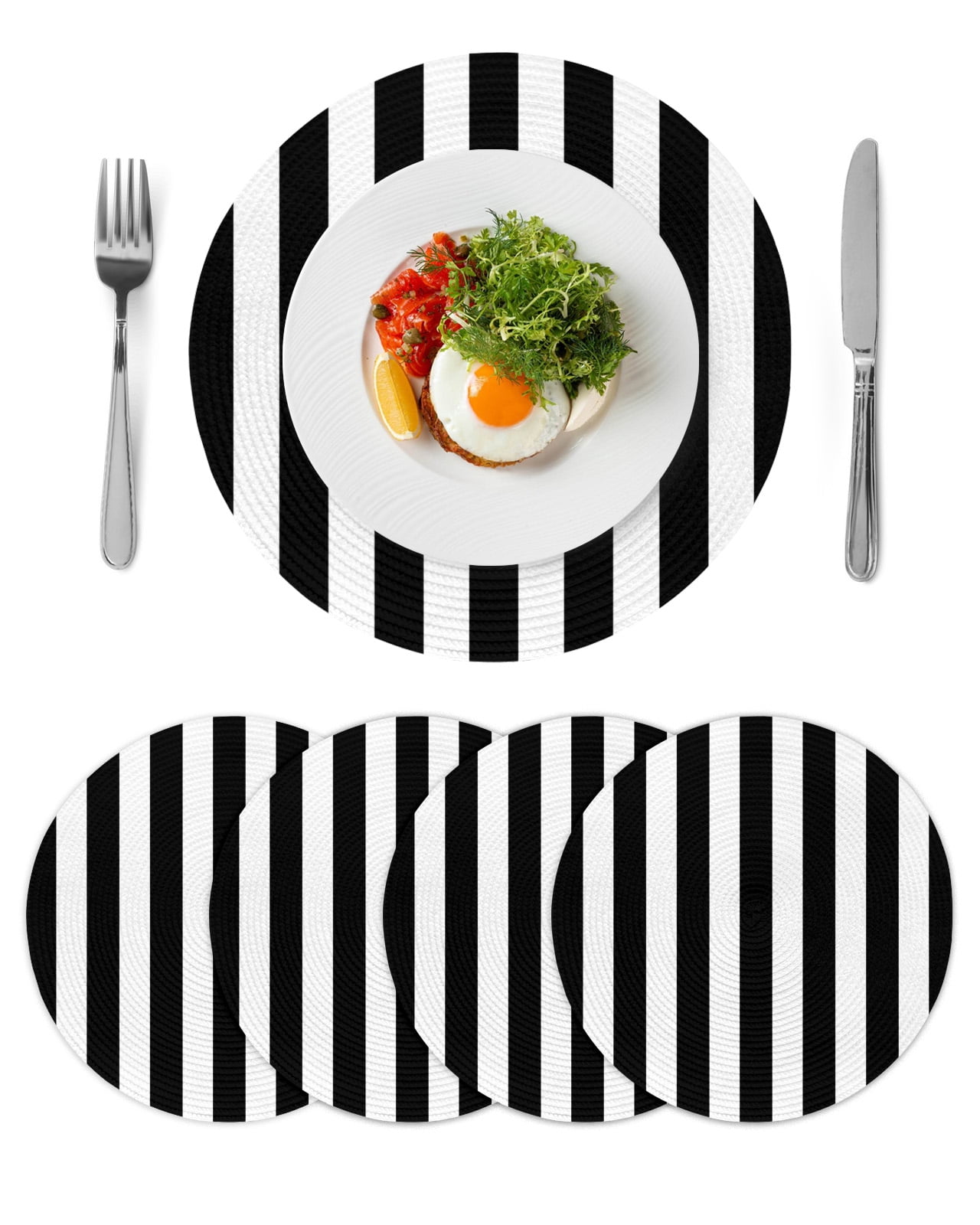 Black and White Striped Pattern Round Table Placemats set of 4, Minimalist Washable Woven Place Mats for Dining Tables Kitchen Party Decor,Heat Proof, 13in,