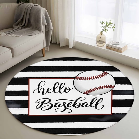 Black White Striped Round Area Rug 3Ft Washable Small Circle Rugs for Kitchen Entryway, Baseball Stripes Farmhouse Art Non-Slip Carpet Floor Mats Indoor Outdoor Carpet Runner Aesthetic Home Decor