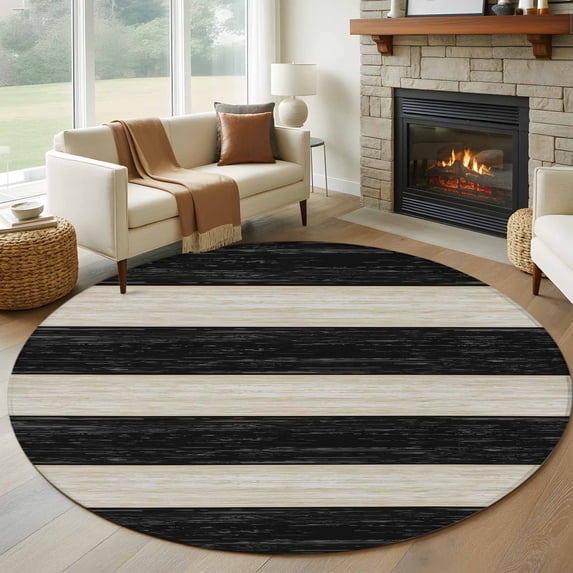 Black White Striped Round Rug 5ft Washable Circle Kitchen Rugs Non Slip Farmhouse Vintage Shabby Chic Wood Grain Large Area Rug Indoor Floor Carpet for Bedroom Living Room Home Office Dining Room
