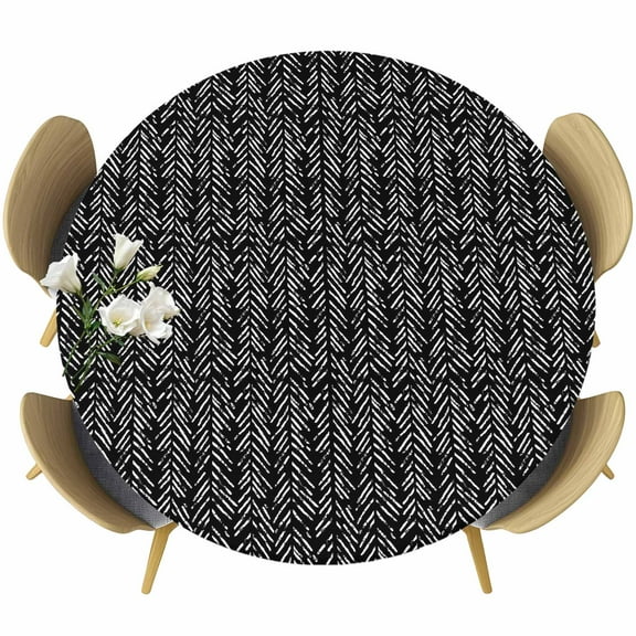 Black White Striped Round Tablecloth 36-44 Inch Round Fitted Table Cloth with Elastic Edge, Abstract Modern Art Irregular Stripe Waterproof Table Cover Protector for Outdoor Picnic Party Dining