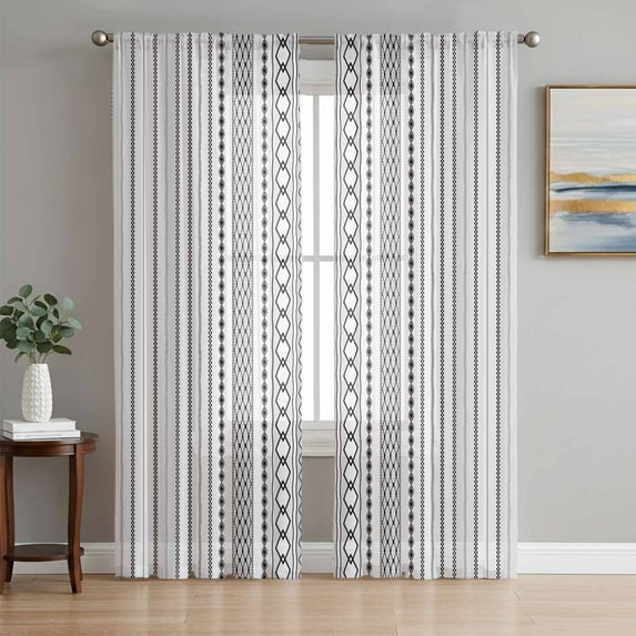Black White Striped Semi Sheer Curtains 72 Inch Length 2 Panels Set, Modern Farmhouse Geometric Sheer Kitchen Curtain Privacy Voile Window Curtain for Living Room Bedroom Rod Pocket Drapes