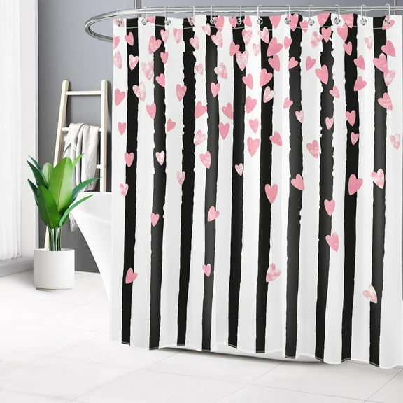 Black and White Striped Shower Curtain for Bathroom Modern Abstract Vertical Stripe and Pink Heart Shower Curtain with 12 Hooks Valentine''s Day Bathroom Curtains Shower Set 72x72 Inch