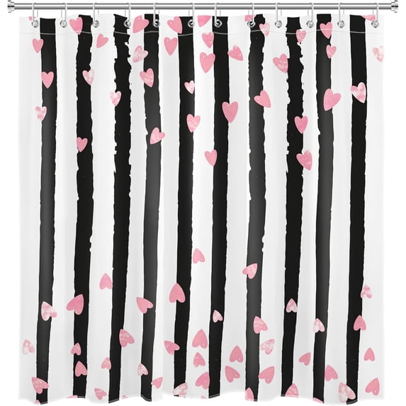 Black and White Striped Shower Curtain for Bathroom Romantic Pink Heart on Vertical Stripe Modern Abstract Shower Curtain with 12 Hooks Valentine''s Day Bathroom Curtains Shower Set 72x72 Inch
